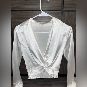 Fashion Nova Satin Long Sleeve Cropped Shirt